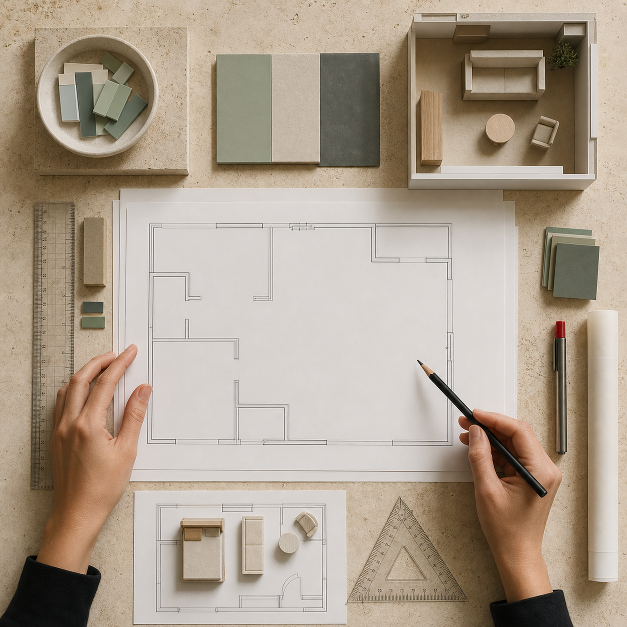 Tavolo di lavoro con planimetrie illustrative e strumenti per il layout